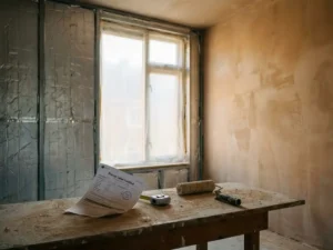 Half-gerenoveerde Nederlandse rijtjeswoning met isolatiepanelen, vers pleisterwerk en energielabel op werkbank.