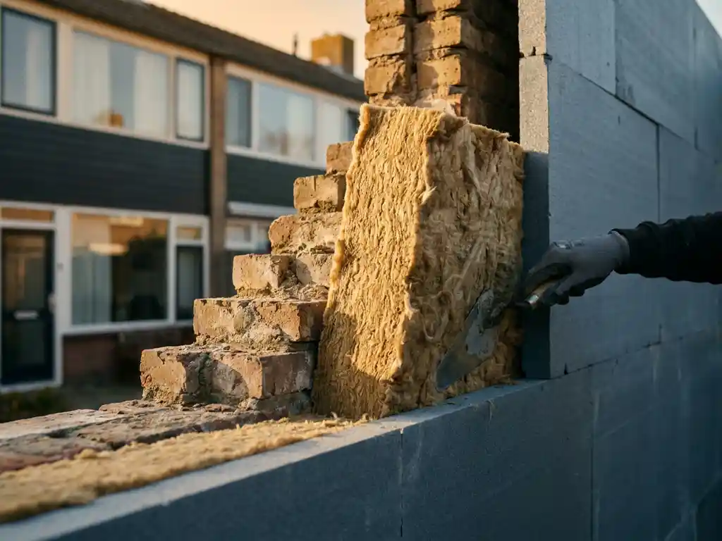 Mineraalwol isolatie ingedrukt in spouwmuur met zichtbaar metselwerk en schuimpanelen, moderne Nederlandse rijtjeswoning op achtergrond.