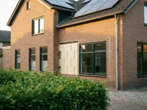 Geïsoleerde Nederlandse rijtjeswoning met spouwmuurisolatie, dubbele beglazing en zonnepanelen op het dak in warm middaglicht.