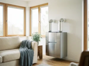 Moderne ventilatieunit op witte binnenmuur met zichtbaar leidingwerk in lichte kamer met energiezuinige ramen.