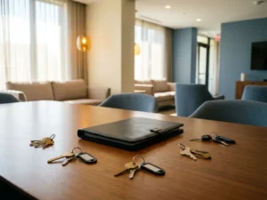 Vergadertafel in appartementencomplex met gesloten officiële map omringd door sleutels van verschillende woningeigenaren.