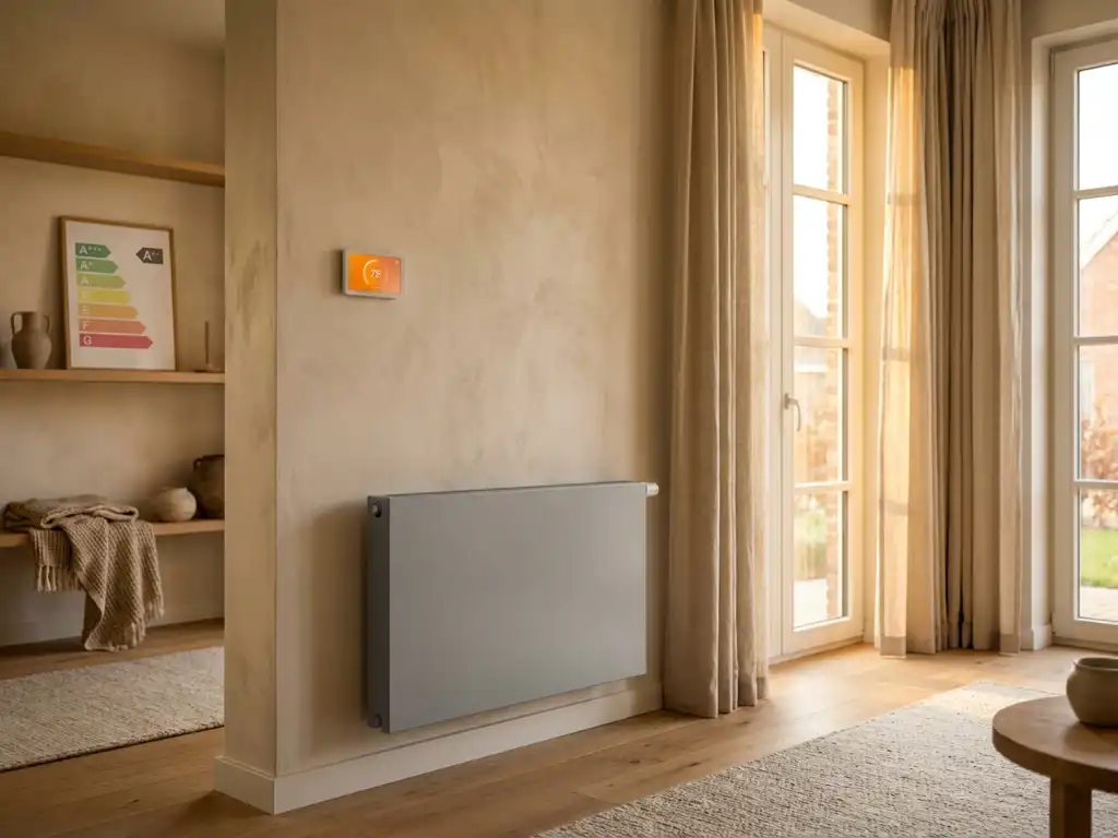 Wandmontage thermostaat en radiator in een goed geïsoleerde Nederlandse woonkamer met energielabel en warm middaglicht.