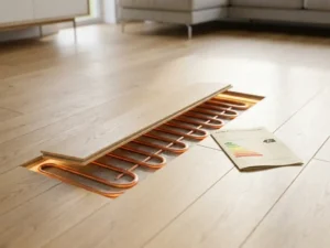 Lichteikenhouten vloerplank met zichtbare vloerverwarmingsbuizen eronder en energielabel op de vloer in moderne woonkamer.