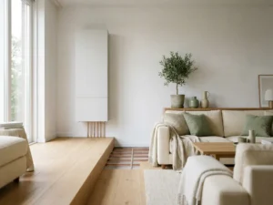 Moderne Nederlandse woonkamer met warmtepomp aan witte muur en vloerverwarming zichtbaar onder gelicht houten vloerpaneel.