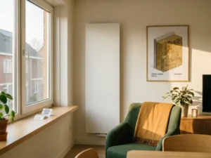 Moderne Nederlandse woonkamer met dikke muurisolatie, witte radiator en lage energierekening op een eiken vensterbank in warm ochtendlicht.