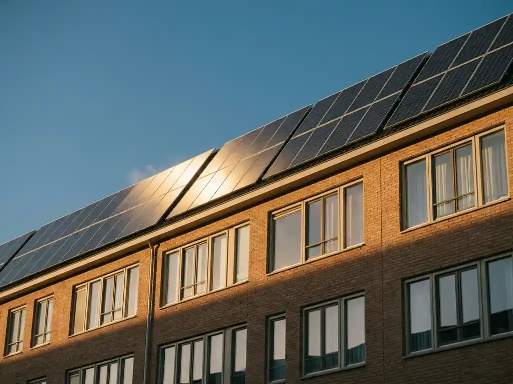 Zonnepanelen op het dak van een modern Nederlands appartementengebouw, goudkleurig middaglicht weerkaatst op donkere fotovoltaïsche panelen.