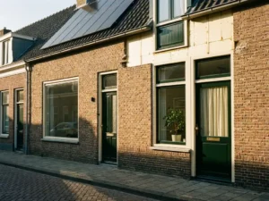 Gerenoveerde Nederlandse rijtjeswoning met zonnepanelen op dak en moderne gevelisolatie, badend in warm middagzonlicht.