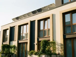 Moderne appartementsgebouw met zonnepanelen op het dak en zichtbare raamisolatie, omgeven door groen in warm middaglicht.