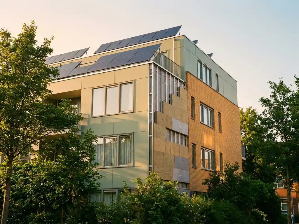Gerenoveerd Nederlands appartementencomplex met zonnepanelen op het dak en zichtbare gevelisolatie in warm middaglicht.