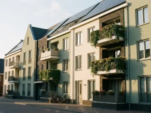 Moderne Nederlandse appartementscomplex met zonnepanelen op het dak, groene balkons en gevels in salie en crème tinten.