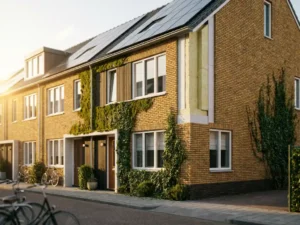 Duurzame Nederlandse rijtjeswoning met zonnepanelen, zichtbare muurisolatie en klimplanten in warm ochtendlicht.