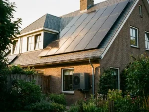 Zonnepanelen op Nederlands woonhuis met warmtepomp aan de gevel, omgeven door groene tuin in gouden middaglicht.