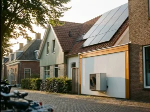 Zonnepanelen op Nederlands woonhuis met warmtepomp aan witte gevel, gefotografeerd op ooghoogte in warm middaglicht.