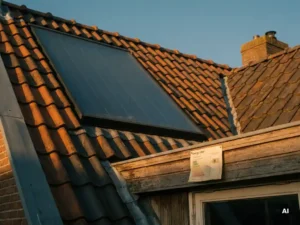 Zonneboiler op terracotta dakpannen van een Nederlandse woning, met warm goudkleurig zonlicht en een energielabel op de vensterbank.