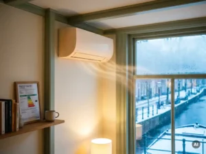 Wandgemonteerde airconditioning in Nederlandse woonkamer met bevroren ramen, energielabel op plank en gouden binnenverlichting.