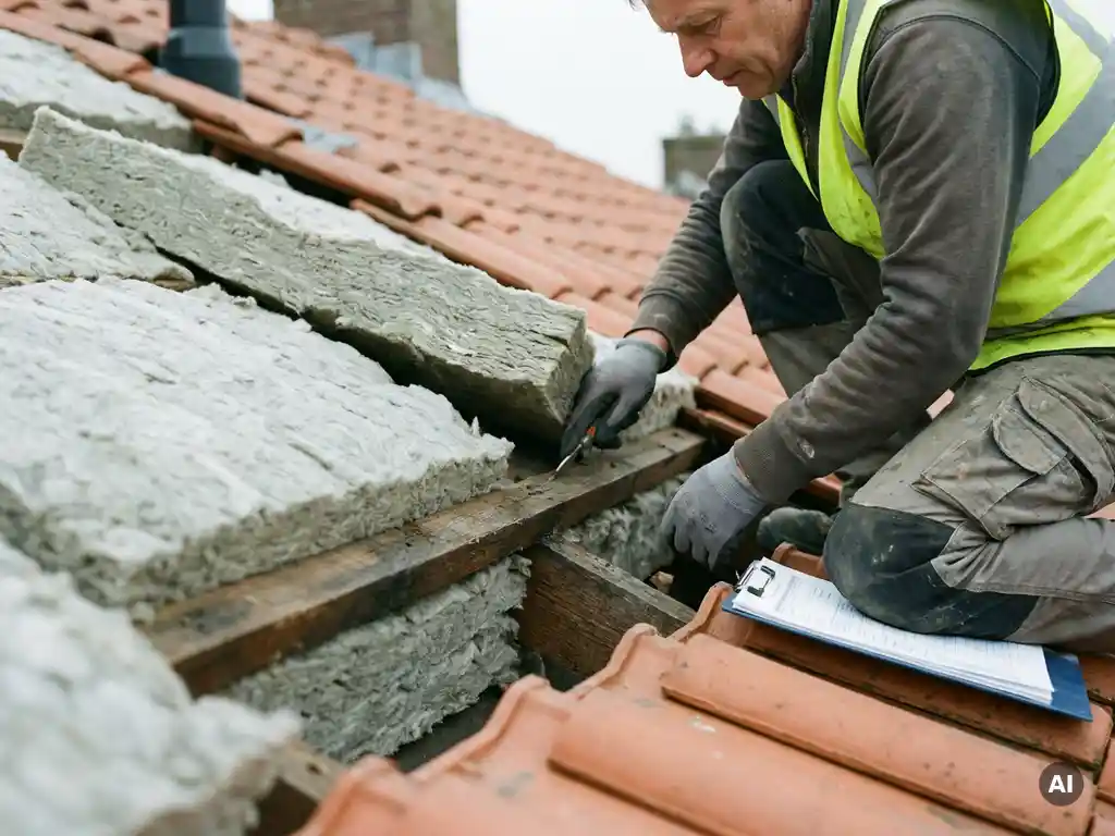 Gecertificeerde energie-adviseur inspecteert dakisolatie waar minerale wol grenst aan ongeïsoleerde houten balk, terracotta dakpannen op de achtergrond.