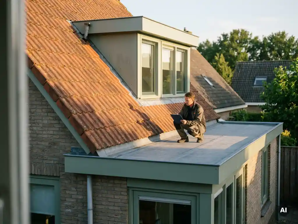 Gecertificeerd energieadviseur meet dakoppervlak van Nederlandse woning met combinatie van plat dak en pannendak in middagzon.