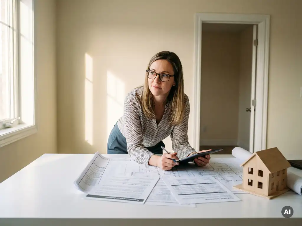 Gecertificeerd energieadviseur bestudeert plattegronden en isolatiedocumenten op wit bureau met architectuurmaquette, warm natuurlijk licht.