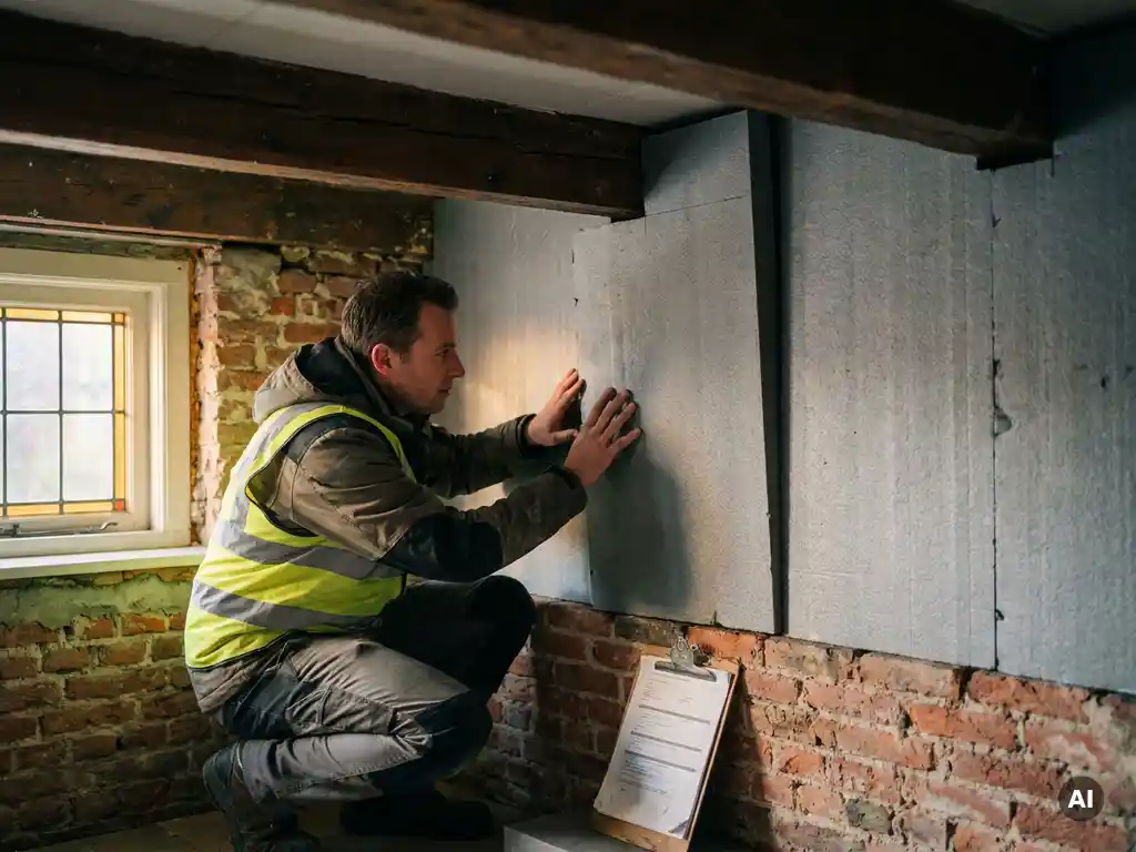 Gecertificeerde energie-adviseur inspecteert isolatiepanelen in de spouwmuur van een oud Nederlands rijtjeshuis met zichtbare bakstenen en houten balken.