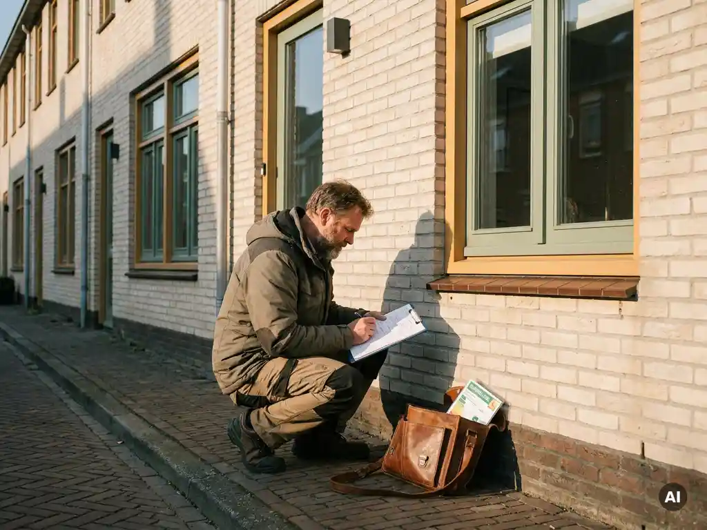 Gecertificeerd energieadviseur inspecteert muurisolatie bij raam van Nederlandse rijtjeswoning, klembord in hand, energielabel zichtbaar in leren tas.