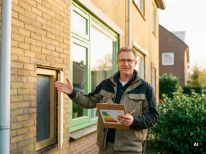 Gecertificeerd energieadviseur wijst naar isolatiepaneel van Nederlandse rijtjeswoning tijdens energielabel inspectie.