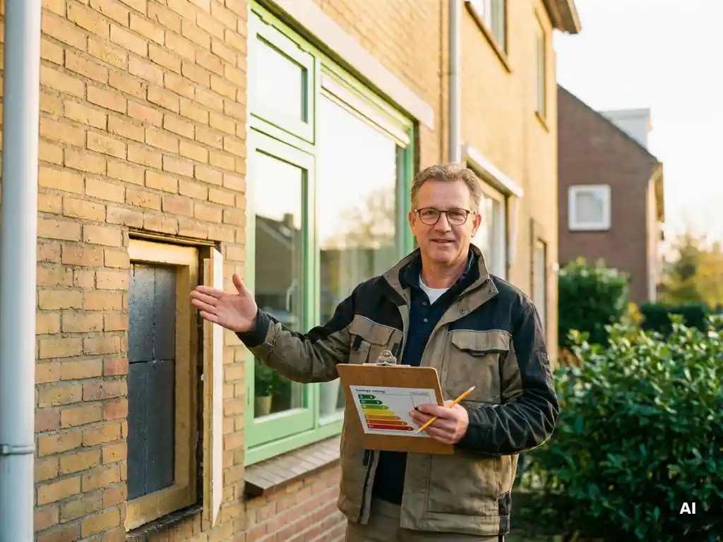 Gecertificeerd energieadviseur wijst naar isolatiepaneel van Nederlandse rijtjeswoning tijdens energielabel inspectie.