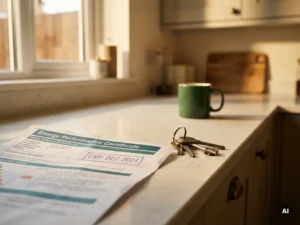 Verlopen energiecertificaat met vervaldatumstempel op keukenblad, huissleutels ernaast, warm natuurlijk licht.