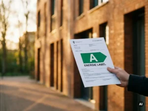 Hand houdt energielabel met A-rating vast voor een moderne Nederlandse woning in warm middaglicht.