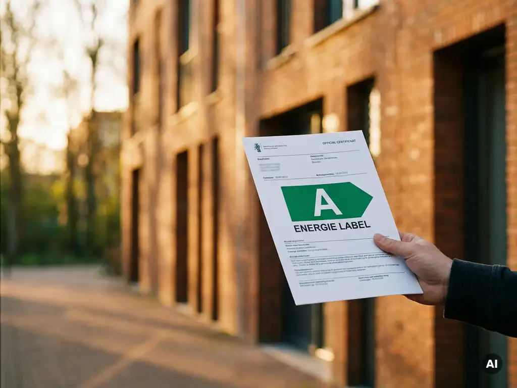 Hand houdt energielabel met A-rating vast voor een moderne Nederlandse woning in warm middaglicht.