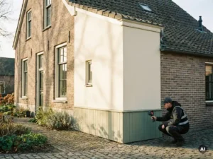 Energie-inspecteur met meetapparaat bij bakstenen aanbouw van Nederlandse woning in middaglicht.