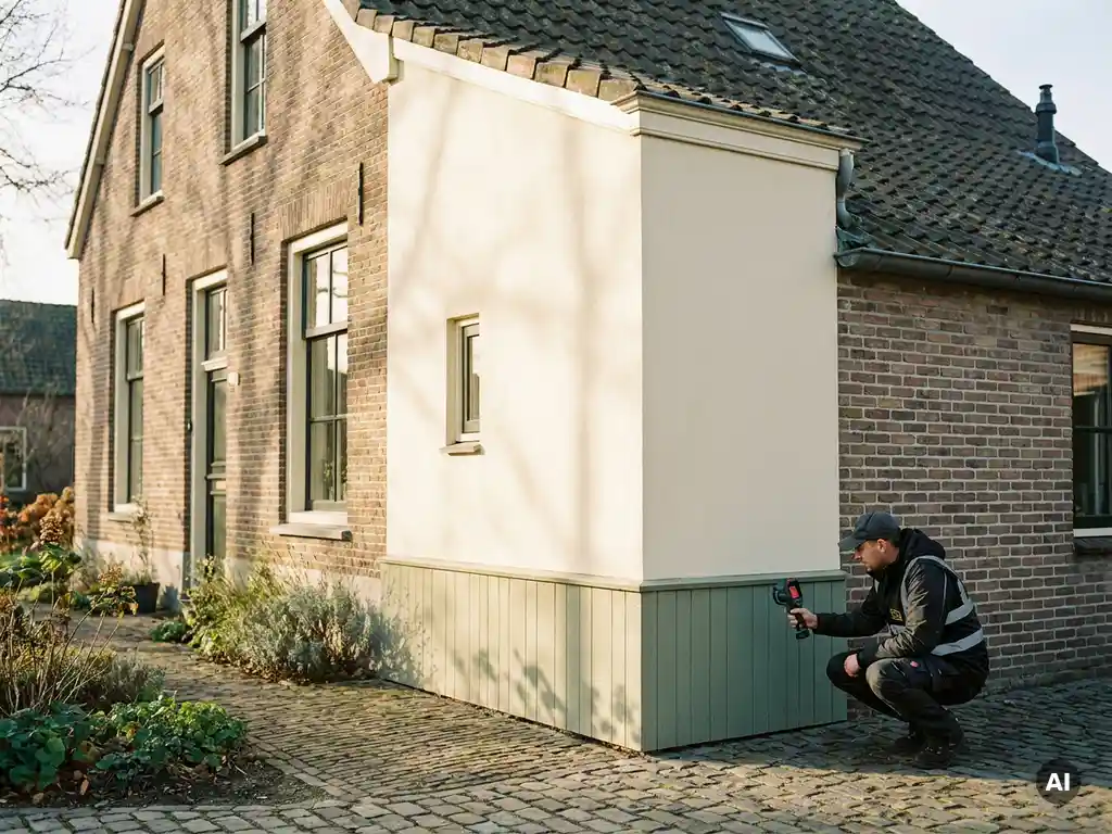 Energie-inspecteur met meetapparaat bij bakstenen aanbouw van Nederlandse woning in middaglicht.