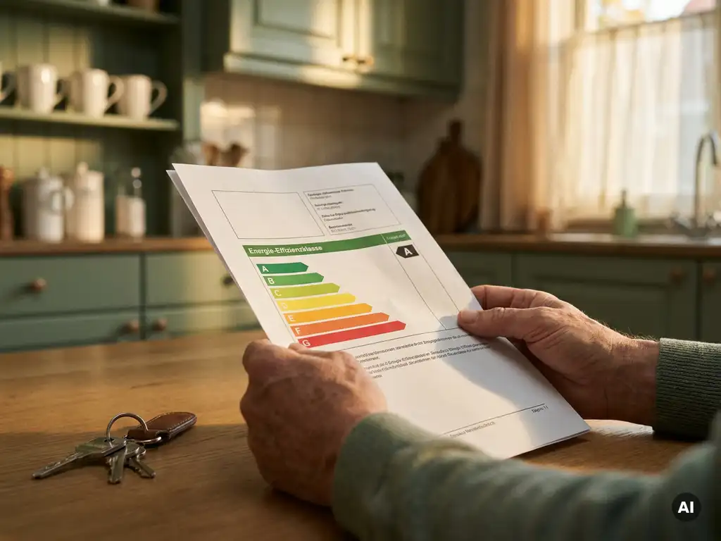 Handen van een huiseigenaar met een energiecertificaat met A-tot-G-schaal, naast huissleutels op een keukentafel.