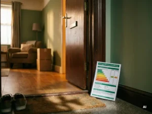 Gelamineerd energielabel leunend tegen voordeur van gemeubileerde huurwoning met houten vloer en warm interieurlicht.
