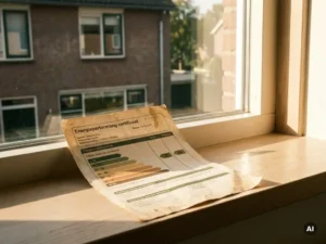 Vervaagd energielabelcertificaat met pre-2021 datum op vensterbank van Nederlandse woning, warm middaglicht.