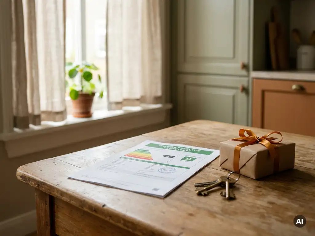 Energiecertificaat op houten keukentafel met huissleutels en klein cadeaudoosje, warm Nederlands interieur op de achtergrond.