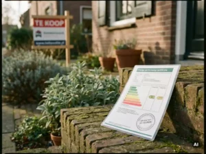 Gelamineerd energielabel met vervaldatum op een Nederlandse drempel, met een wazig 'Te Koop'-bord op de achtergrond.