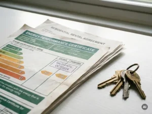 Verouderd energielabel met vervaldatum op huurcontract, met huissleutels op wit bureau in zacht natuurlijk licht.