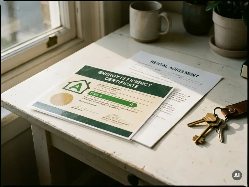Energielabel certificaat op huurovereenkomst met huissleutels op wit bureau, warm natuurlijk licht.