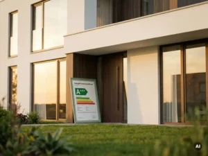 Nieuw modern Nederlands woonhuis met energielabel certificaat tegen voordeur, witte gevel, driedubbele ramen en groen gazon in middagzon.