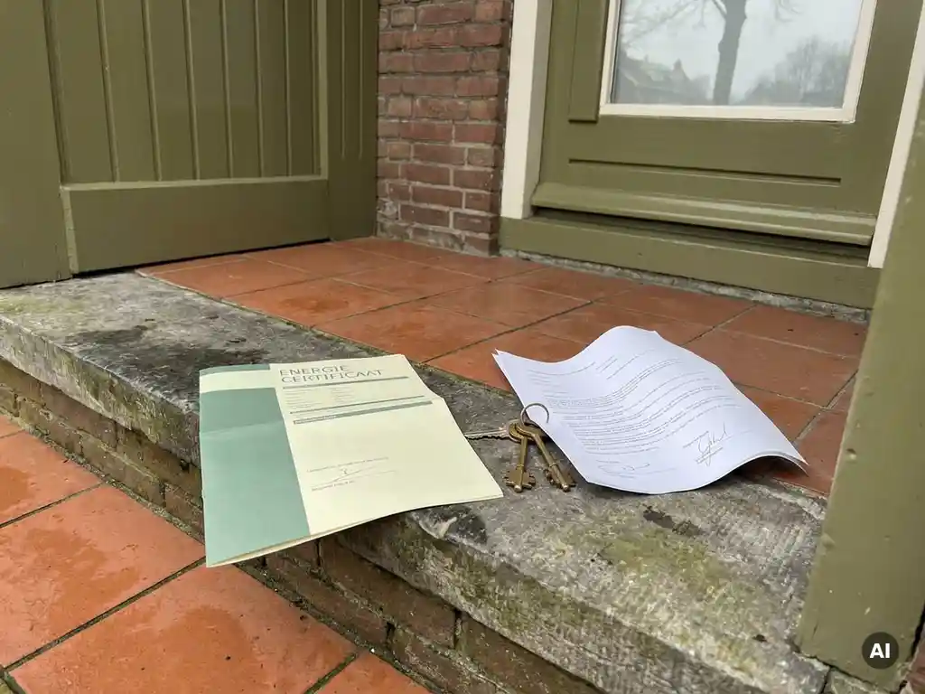 Gevouwen energiecertificaat op een lege drempel met huissleutels en een getekend overdrachtsformulier, zacht daglicht.