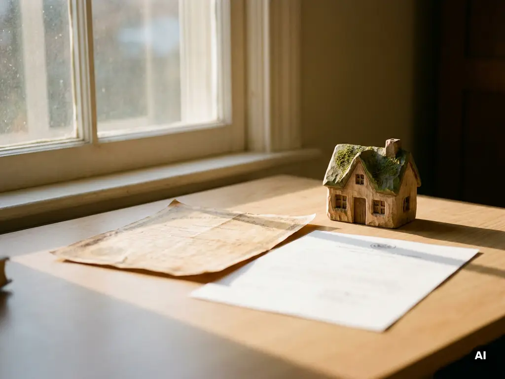 Vervaagd energielabel naast een nieuw officieel document op een wit bureau, met een huismodel en warm goudkleurig licht.