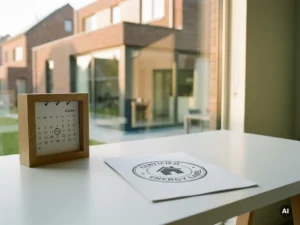 Energielabel document op wit bureau naast bureaukalender met omcirkelde datum, Nederlandse woning zichtbaar door zonnig raam op de achtergrond.