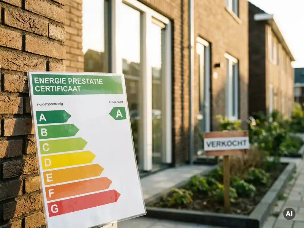 Energielabel certificaat met A-tot-G schaal tegen gevel van Nederlandse woning met bakstenen gevel en te koop bord op achtergrond.