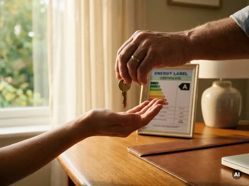 Huiseigenaar overhandigt sleutel aan koper met energielabel certificaat op notaristafel op de achtergrond.