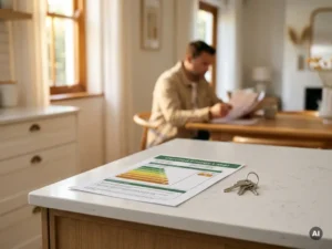 Energielabel document op keukenblad naast huissleutels, met makelaar op de achtergrond die papieren bekijkt.