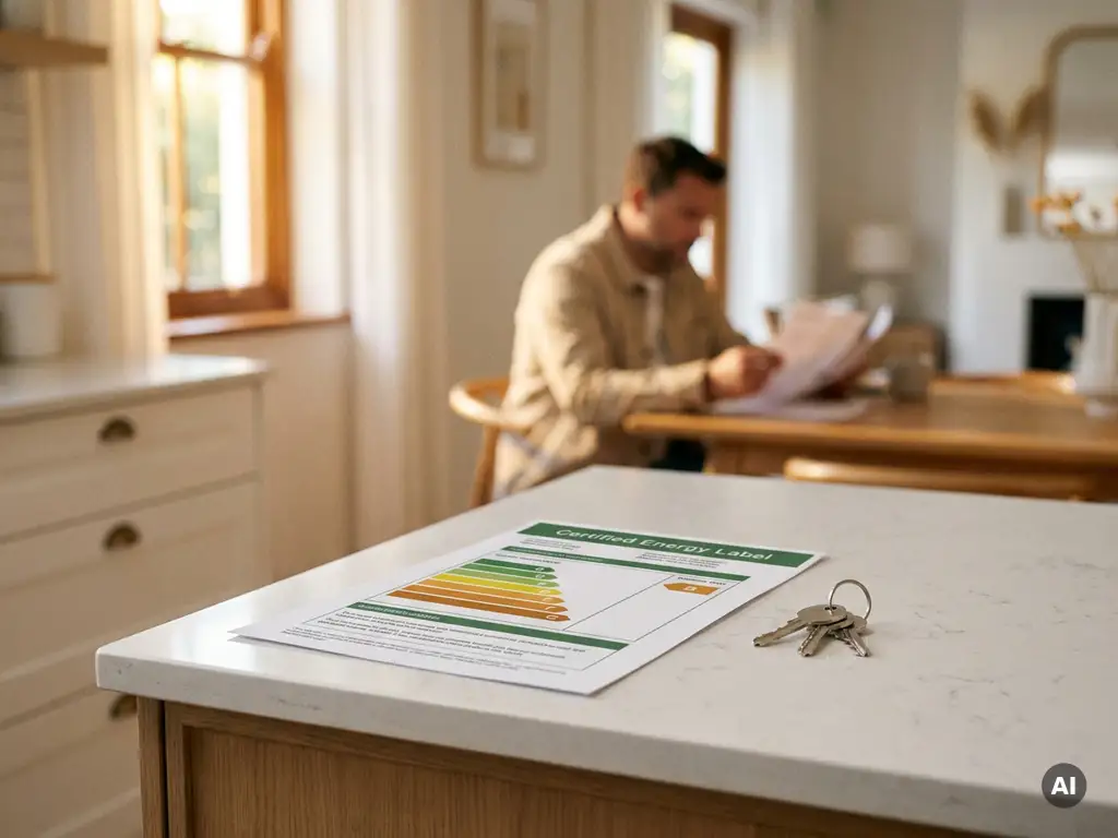 Energielabel document op keukenblad naast huissleutels, met makelaar op de achtergrond die papieren bekijkt.