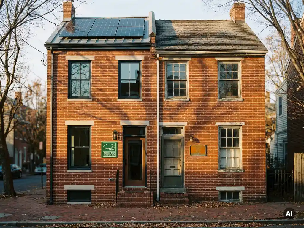 Twee bakstenen rijtjeshuizen naast elkaar, één met groen energielabel bij de voordeur, het ander met vervaagd geel-oranje label, zichtbare verschillen in dakisolatie en kozijnen.