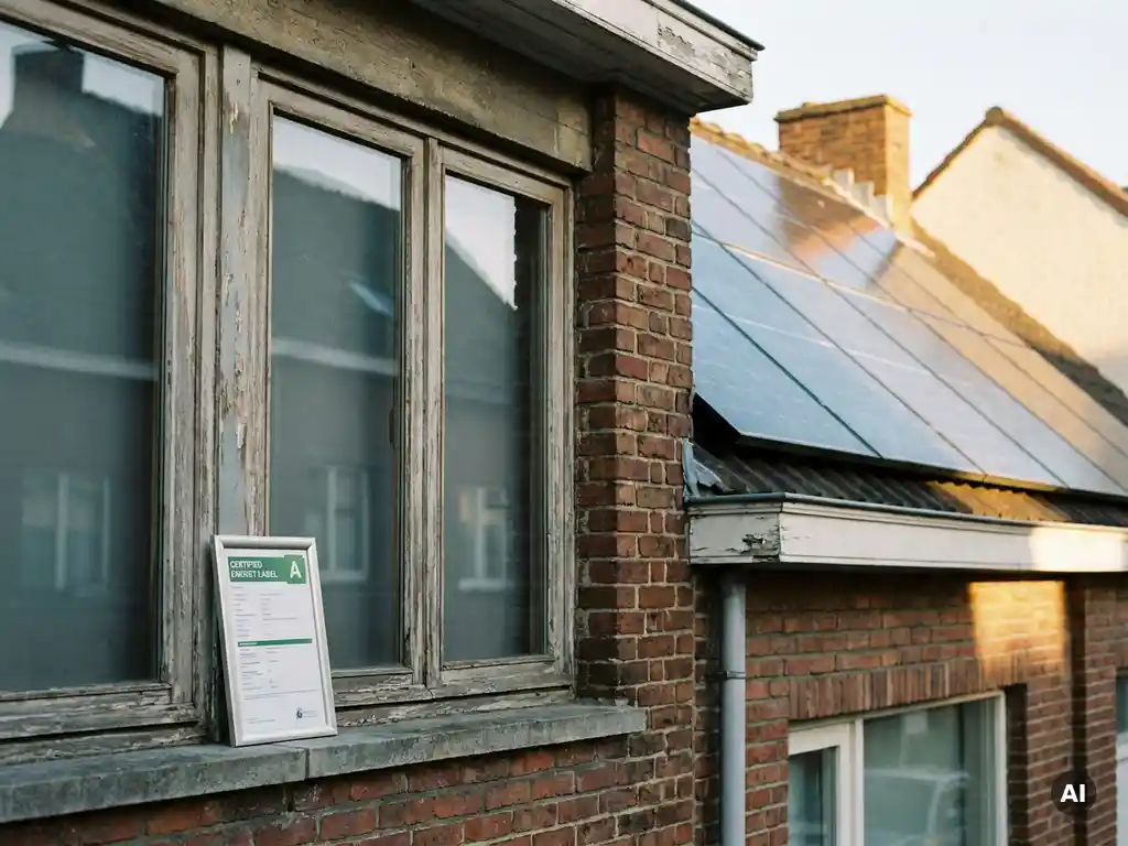 Nederlandse rijtjeswoning met zonnepanelen op het dak en verouderd enkel glas, met een energielabel op de vensterbank.