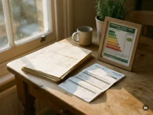Energierekening en stapel facturen op houten keukentafel naast een energielabel certificaat, warm middaglicht.