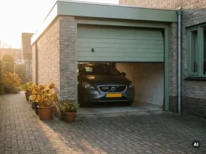 Halfopen garagedeur van een Nederlandse woning met geparkeerde auto, bakstenen muur en betonnen oprit in middagzon.